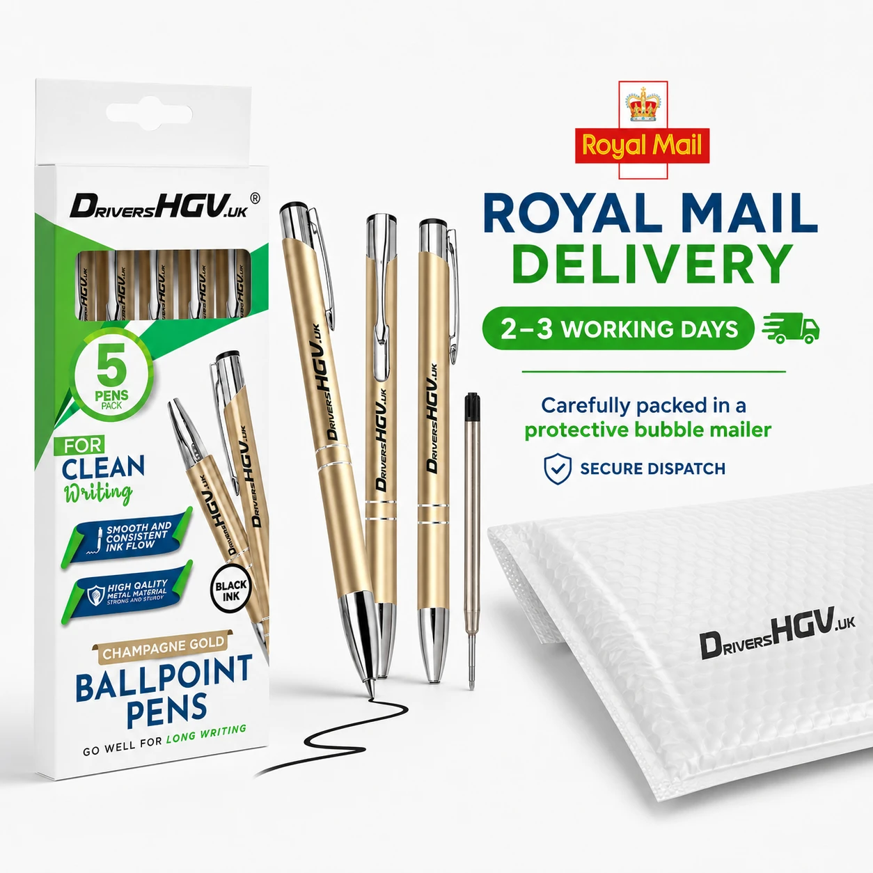 DriversHGV.uk gold pens Royal Mail delivery in protective bubble mailer